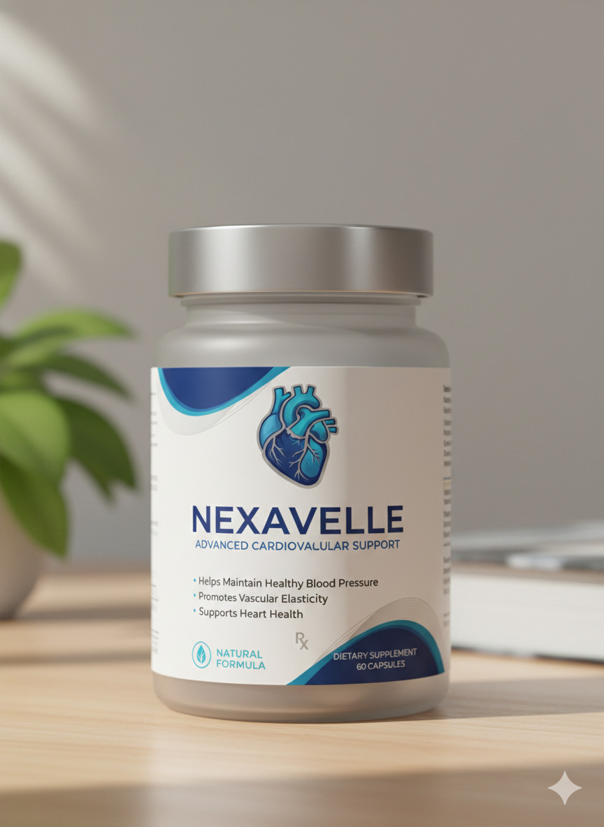 Nexavelle food supplement bottle and capsules on a neutral surface